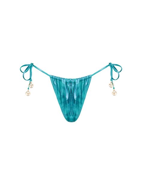 Blue Side Tie Ruched Thong Low Rise Bikini Bottom XS Vivien Vance