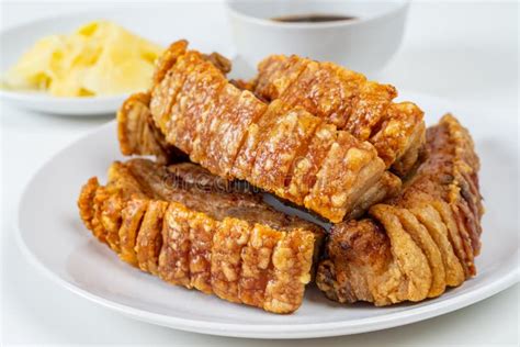 Deep Fried Crispy Streaky Pork Belly Thai And Chinese Food On White