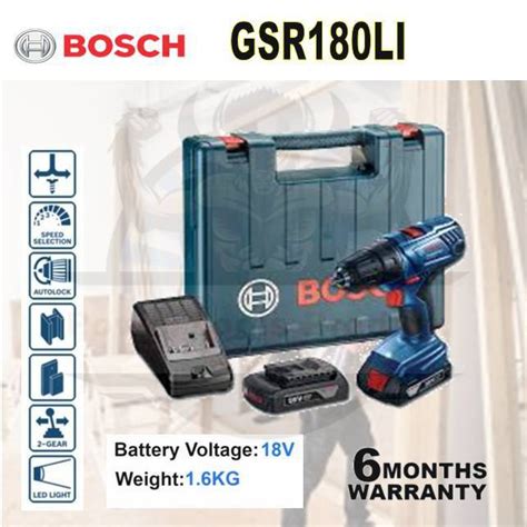 Bosch Gsr 180 Li Cordless Drill Driver 18v Drill Driver 2 Batteries And 1 Charger Shopee