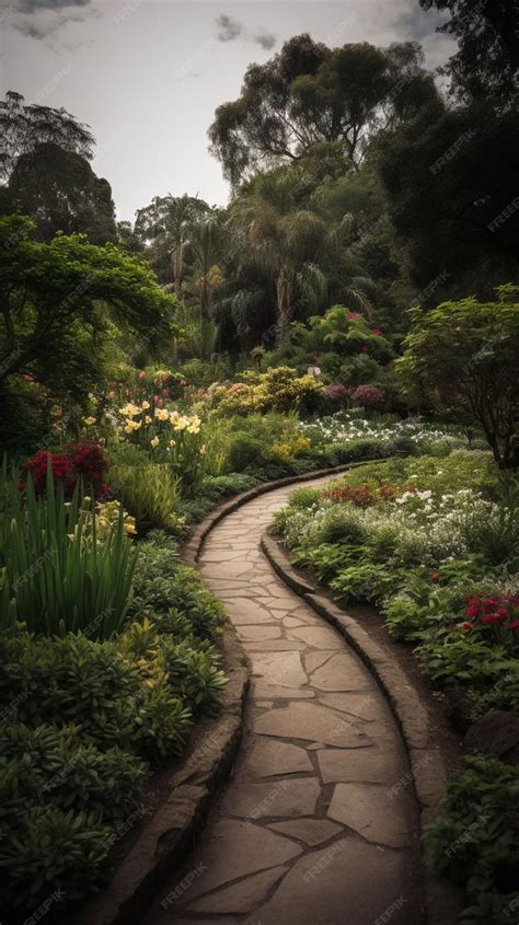 Premium AI Image | A path in a garden with flowers and plants