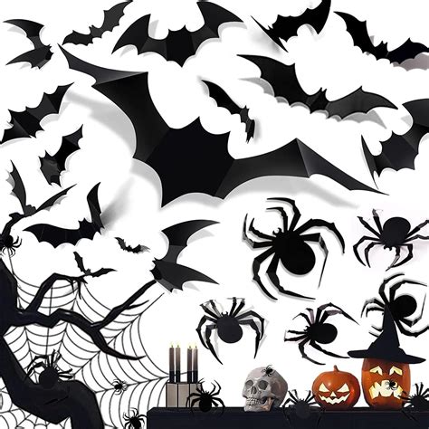 Halloween Decorations 3d Bats Spider Wall Sticker 60 Pcs Realistic Pvc Scary Black