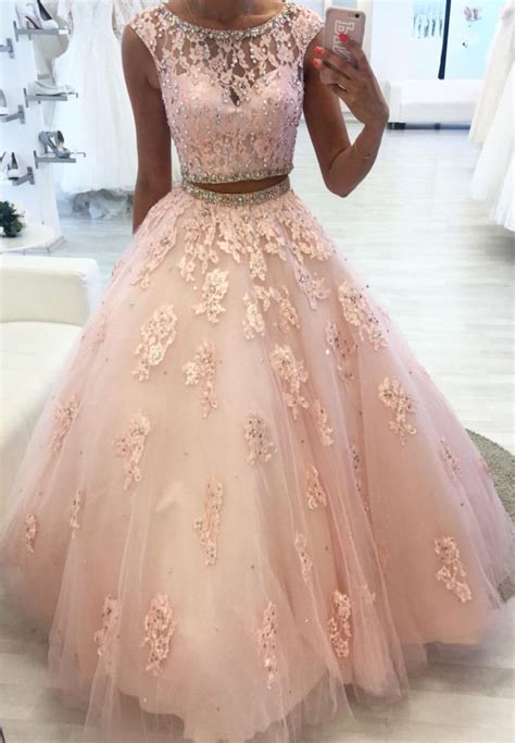 Blush Pink Lace Ball Gowns Quinceanera Dresses Two Piece Slayingdress