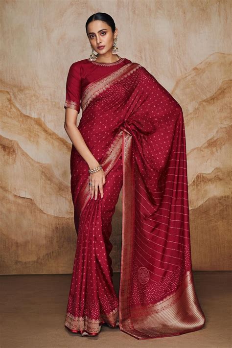 Buy Designer Red Bandhani Saree With Boatneck Blouse At Aza Fashions