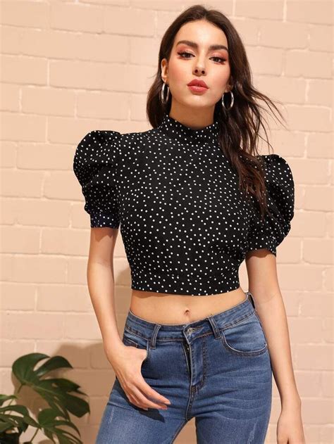 Shein Mock Neck Puff Sleeve Knot Backless Polka Dot Top Artofit