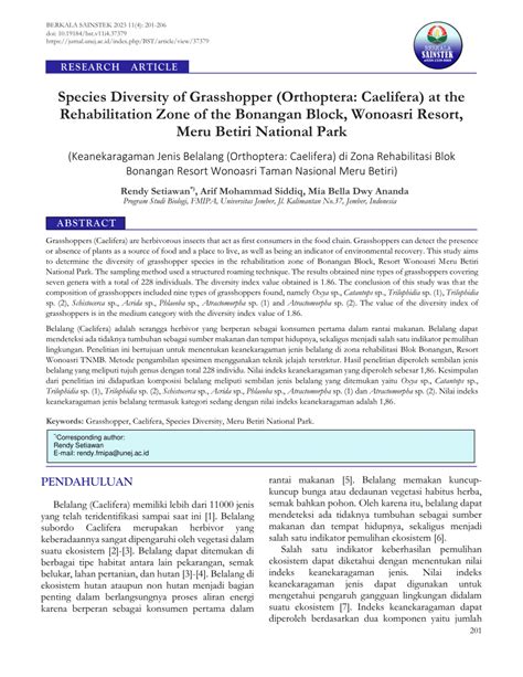 PDF Species Diversity Of Grasshopper Orthoptera Caelifera At The