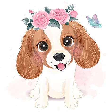 Cute little cavalier king charles with floral illustration