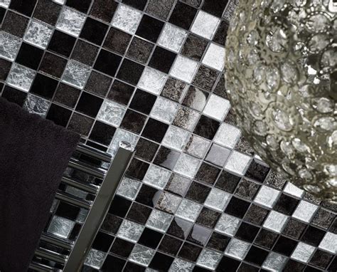 Verona Black Silver Leaf Mix Glass Mosaic 48x48mm G30068 The Cornwall Tile Company