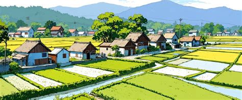 A View Of A Peaceful Village Village Houses With Rice And Paddy Fields