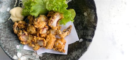 Tako Karaage Deep Fried Octopus Japanese Seafood Served On Black