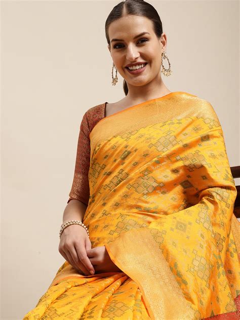 Buy Mitera Mustard Red Ethnic Motifs Zari Silk Blend Patola Saree