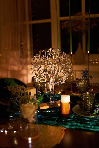 Premium Photo | Romantic dinner table setting with festive lights