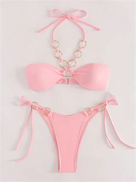 2023 Fashion Two Piece Swimsuit With Metal Ring Strap Hollow Solid Color Bikini Hangzhou Sunra