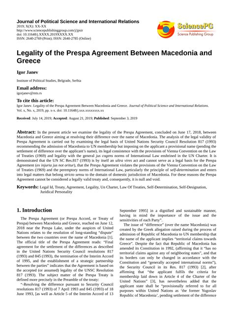 Pdf Legality Of The Prespa Agreement Between Macedonia And Greece