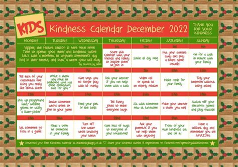 Kids Kindness Calendar December 2022 Make Today Happy