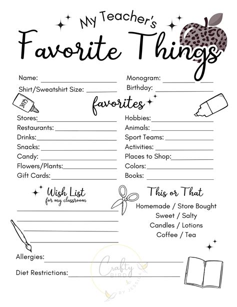 My Teachers Favorite Things Questionnaire Printable Digital Download