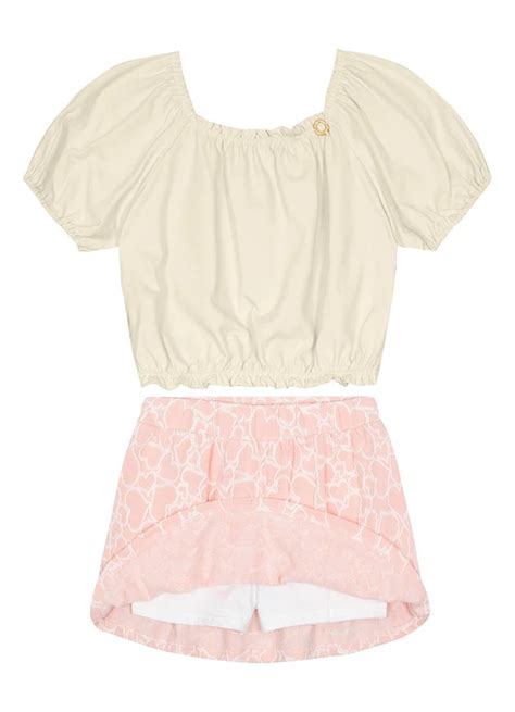 Conjunto Cropped Corações Menina Bege Carinhoso