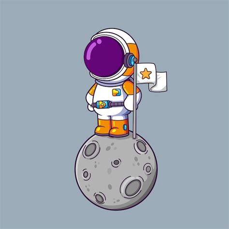 Lindo Astronauta Sosteniendo Una Bandera En La Luna Personaje De Dibujos Animados Vector Premium