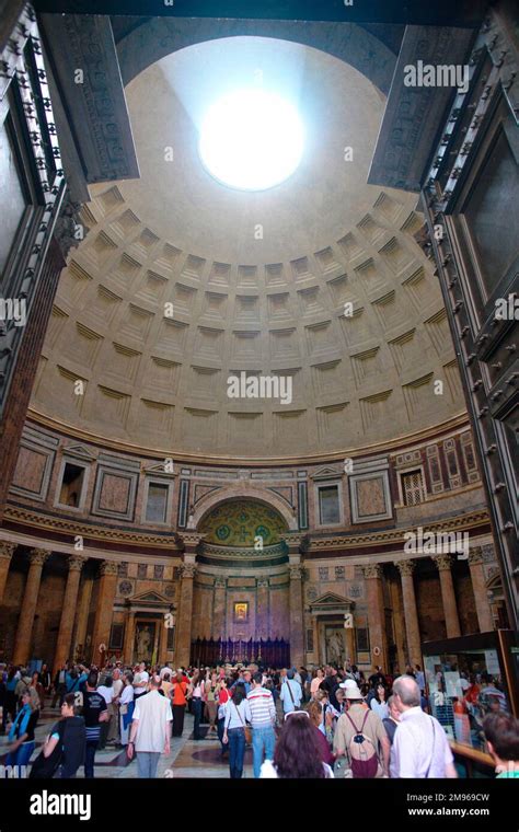 Interior Of The Pantheon In Rome Italy With A Crowd Of Sightseers