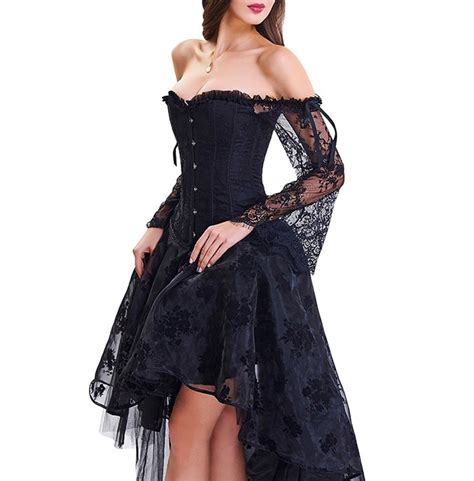 Gothic Black Off Shoulder Short Front Long Back Lace Corset Party