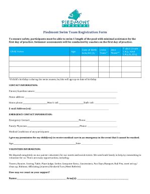 Fillable Online Piedmont Swim Team Registration Form Piedmont Pool