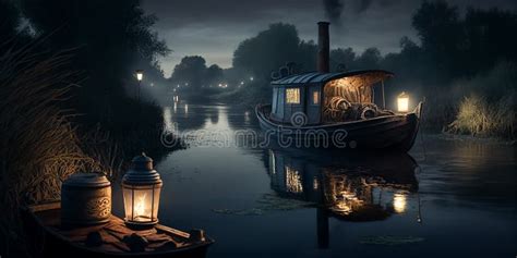 Illustration Of Vintage Fishing Boats In The River During Night Time