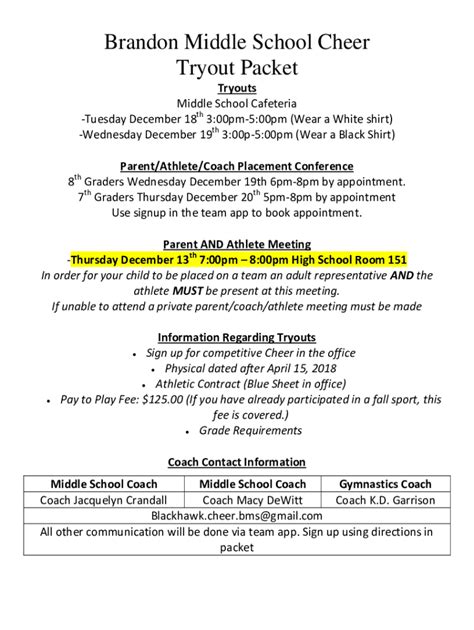 Fillable Online Brandon Middle School Cheer Tryout Packet Fax Email