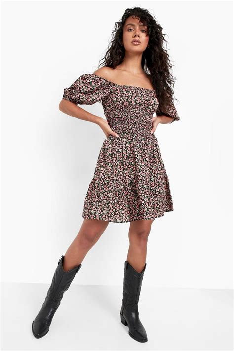 Floral Shirred Puff Sleeve Mini Dress Boohoo