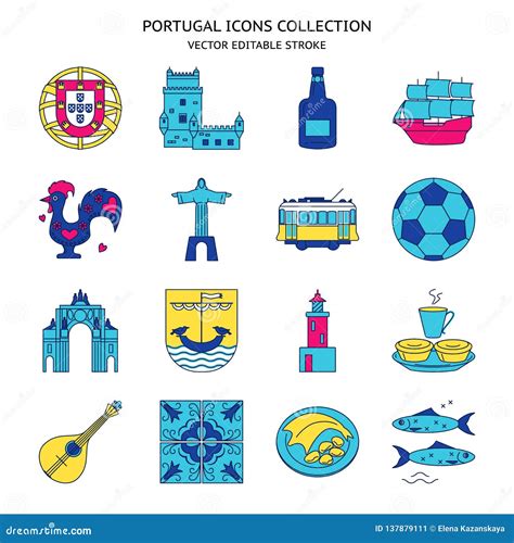 Portugal Icons Set In Colored Line Style Stock Illustration