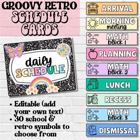 Class Schedule Cards Retro Groovy Classroom Decor Editable Schedule