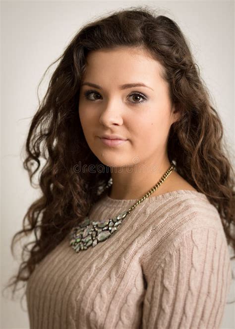 Beautiful Brunette Woman With Curls Stock Image Image Of Bright Grey