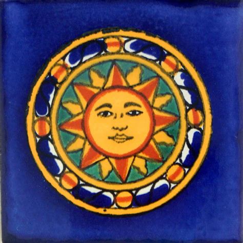 Sol Azteca Blue Mexican Ceramic Handmade Folk Art Tiles - TilesAndTiles