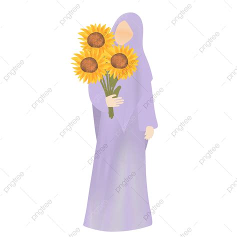 Garota Hijab Traz Girassol PNG Flor Do Sol Ilustração Sem Rosto