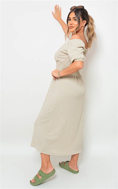 Isabelle Off Shoulder Shirred Waist Mini Dress In Beige Ikrush