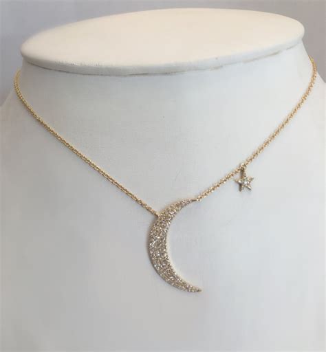 Diamond Crescent Moon Star Necklace K Yellow White And Etsy Uk