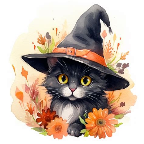 Premium AI Image There Is A Black Cat Wearing A Witch Hat And Flowers