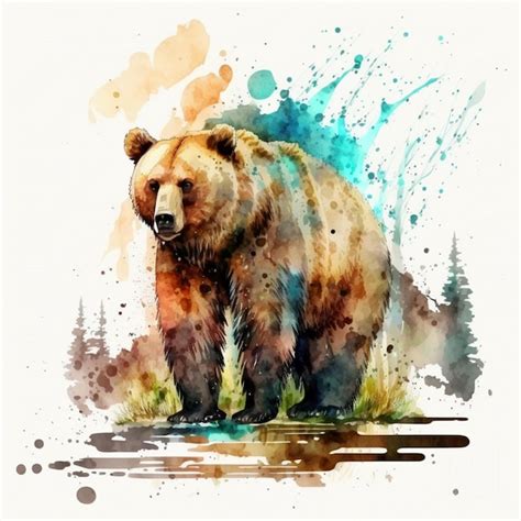 Premium Photo | A watercolor painting of a brown bear in the wild.