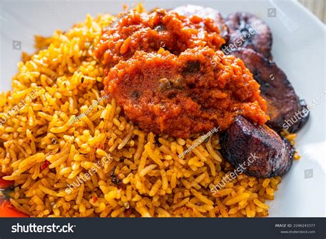 Nigerian Jollof Rice Served Plantain Stew Stock Photo 2246243377 ...