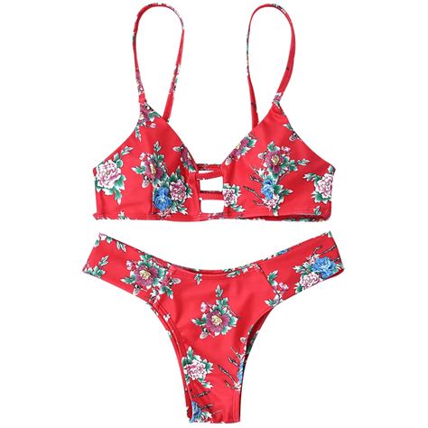 ZAFUL Floral Strappy Beach Swimwear Thong Bikini Set Swimsuit Women