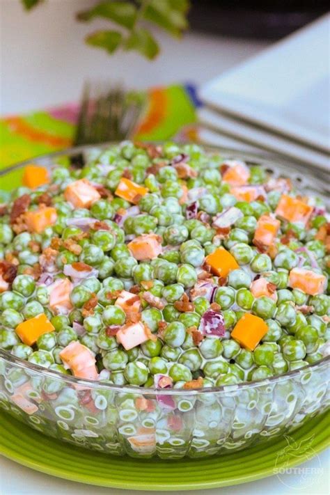 Classic Pea Salad Made With Thawed Peas Cheese Bacon And Red Onion