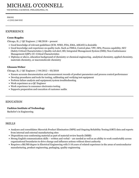 Qc Engineer Resume Samples Velvet Jobs