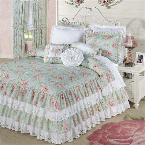 Cottage Rose Aqua Mist Floral Grande Ruffled Bedspread Bedding