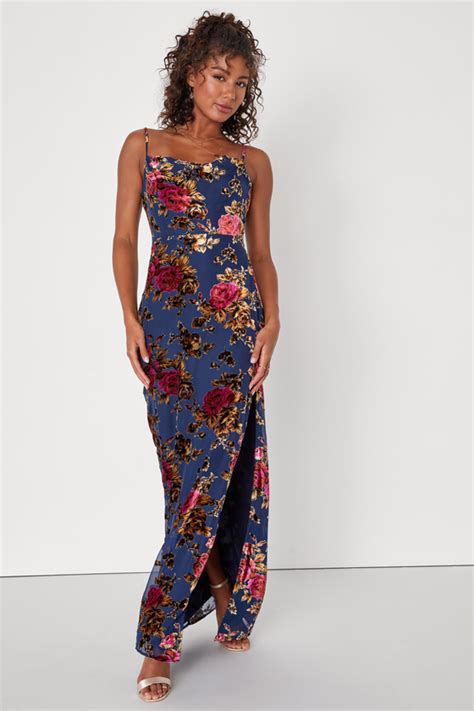 Blue Floral Dress Burnout Velvet Dress Cowl Neck Maxi Dress Lulus