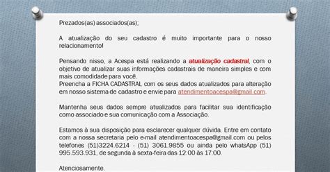 Acespa COMUNICADO IMPORTANTE ATUALIZAÇÃO CADASTRAL