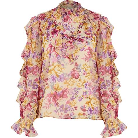 Pink Floral Frill Long Sleeve Blouse River Island Long Sleeve