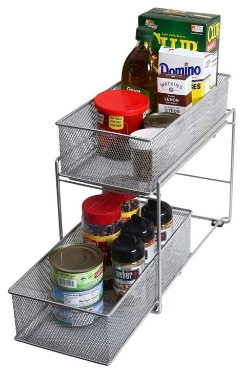 Silver 2 Tier Mesh Sliding Pantry Closet Spice And Sauces Organizer