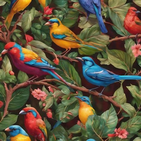 Premium AI Image | A colorful pattern with birds and leaves in ...