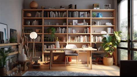 Office Bookshelf Decor Elevated View Of A Sleek Home Complete With ...