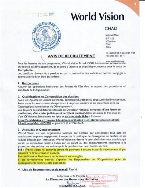 World Vision Recrute Un Comptable H F Ab Ch Tchad Jobrapide