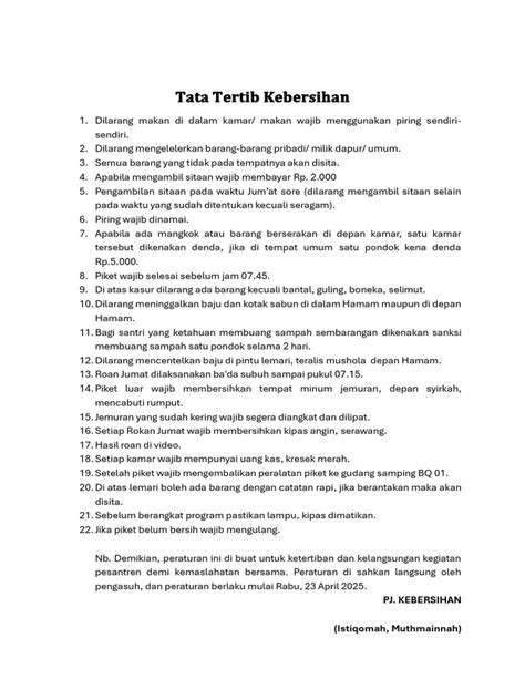 peraturan kebersihan pondok pesantren