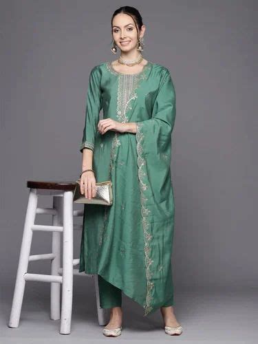 Poly Silk Indo Era Green Embroidered Straight Kurta Trousers With